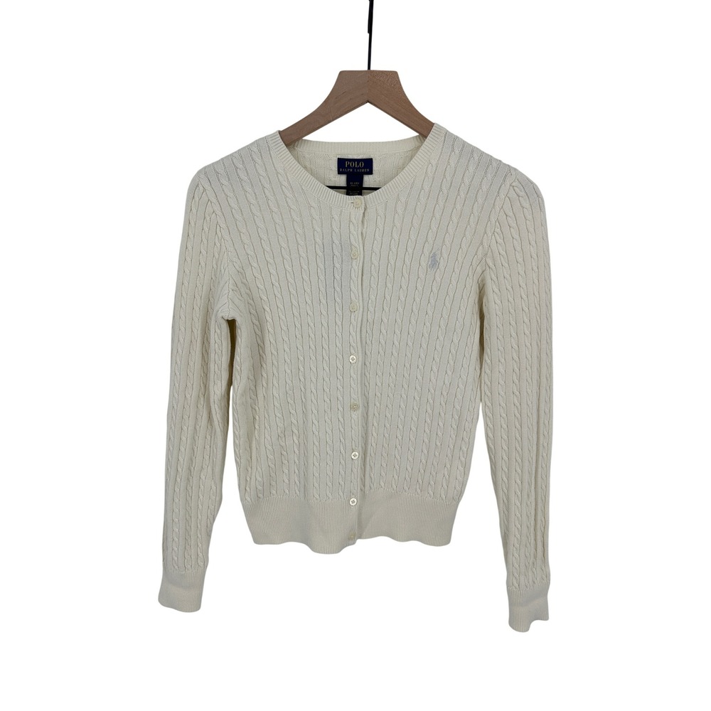 Polo Ralph Lauren Cardigan Girls XL (16) Cream Cable Knit Cotton Pony Logo NWT